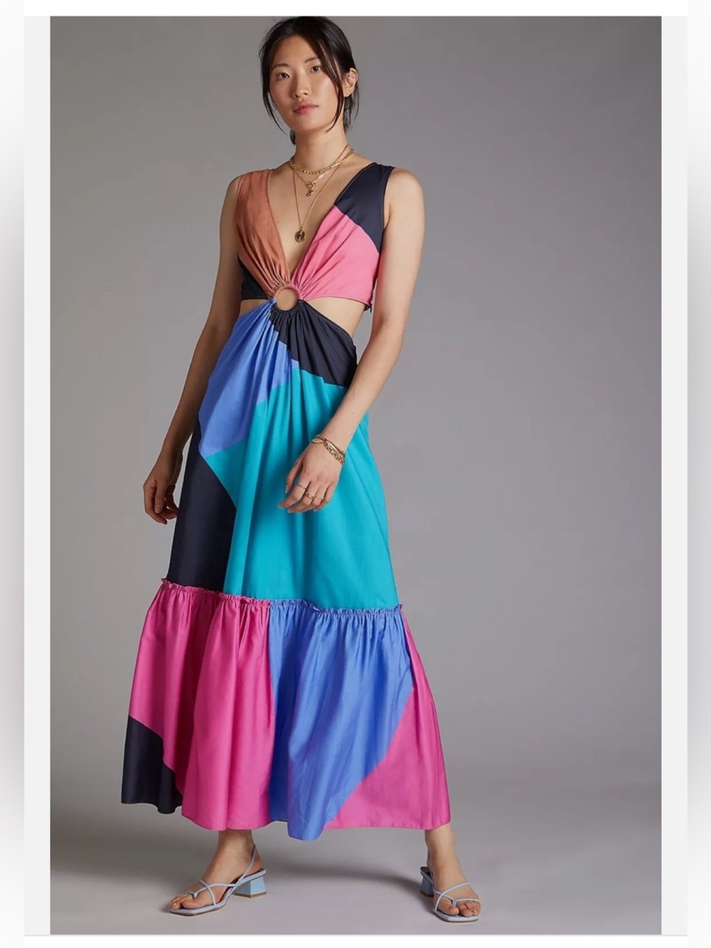 Anthropologie Geisha Designs Colorblock Flounced Cut-out Colorful Fall Dress